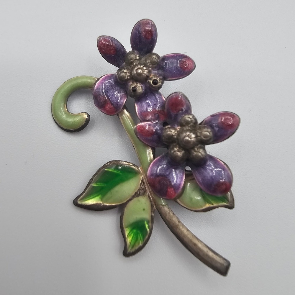 Vtg Mid Century Enamel Floral Brooch Art Nouveau Style Purple Green Pin 1.75"
